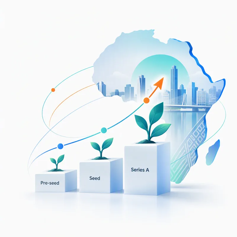 Growth stages from pre-seed to Series B illustrated as rising platforms in front of an African city skyline